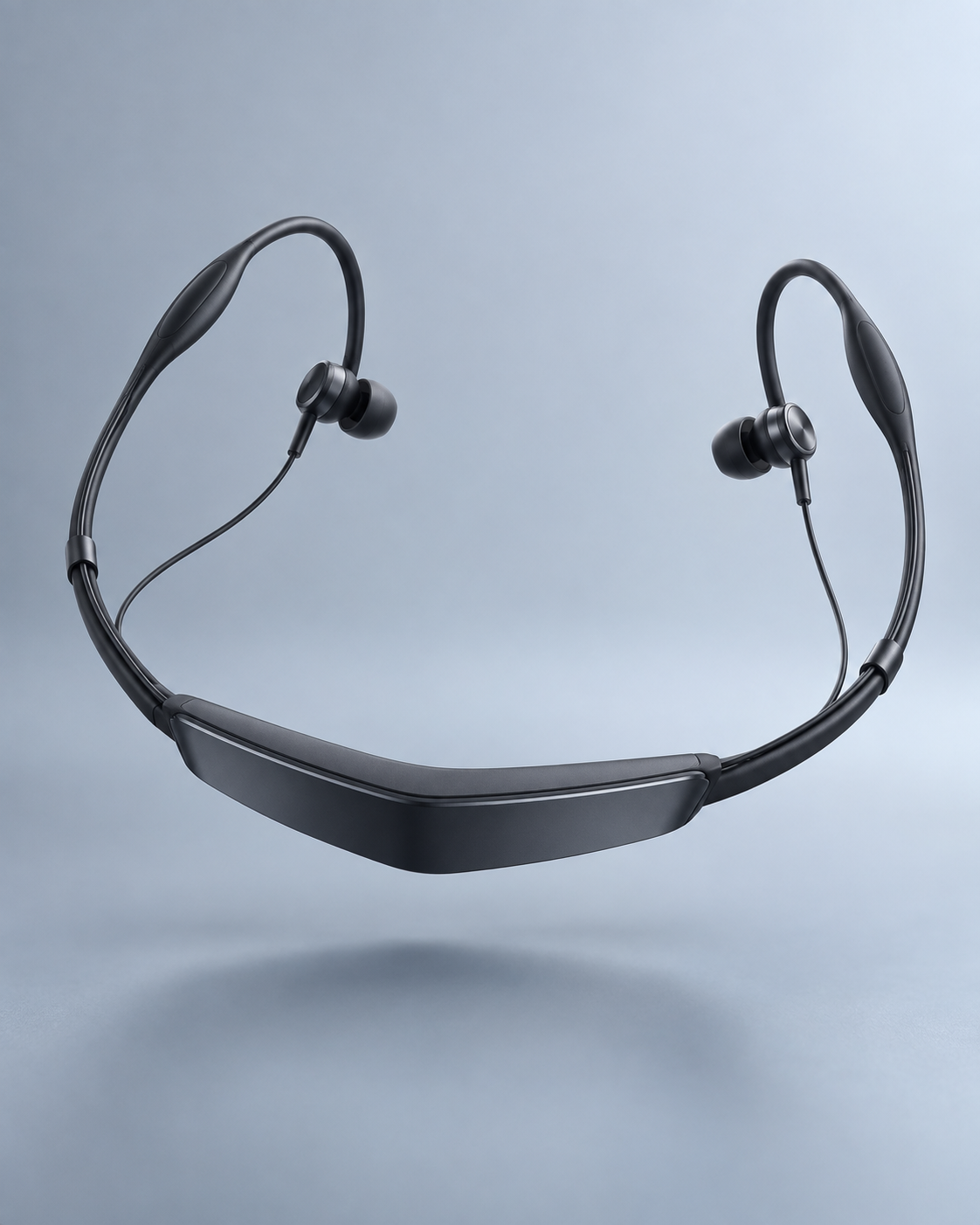 귀 주변은 얇고 후두부에는 낮은 모듈이 배치된 FlyPods 착용형 오디오 콘셉트